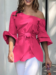 Flared Sleeves Asymmetric Knot Solid Color One-shoulder Blouses&shirts Tops