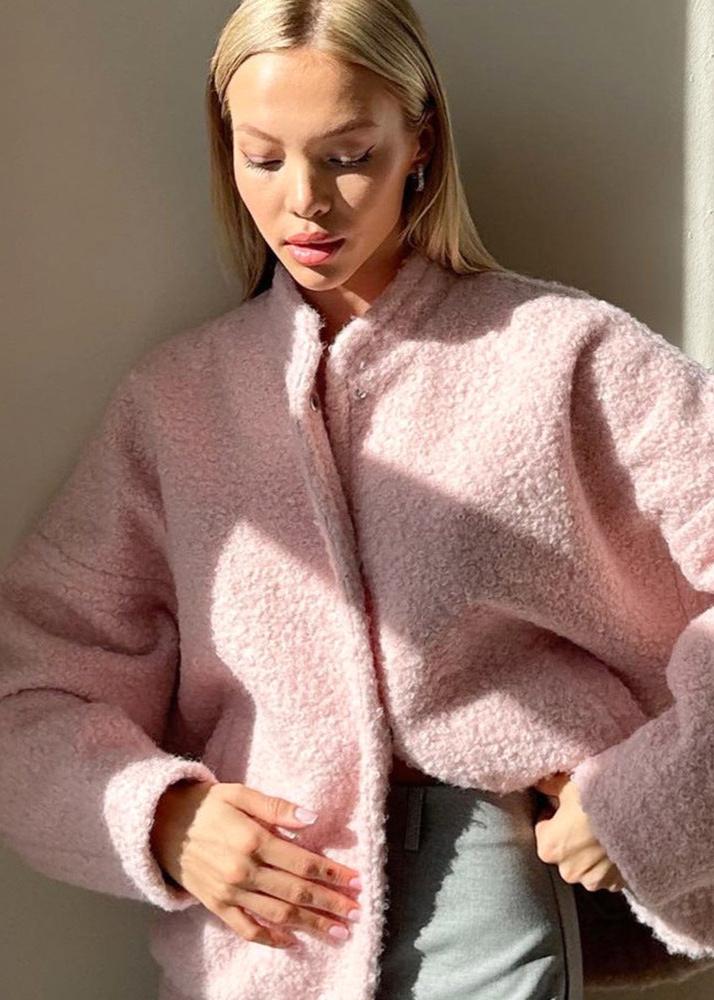 Cozy Pink Drop Shoulder Stand Collar Jacket