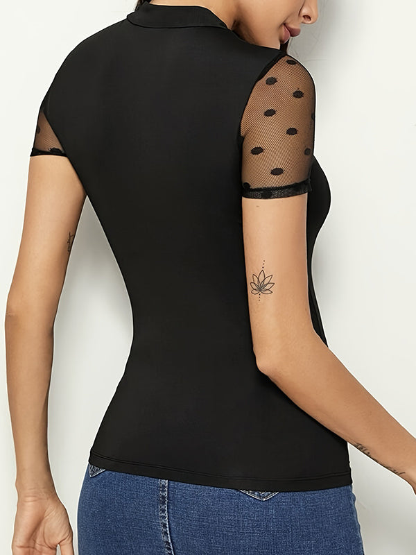 Loose Short Sleeves Mesh Polka-Dot See-Through Split-Joint Round-Neck T-Shirts Tops