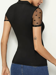 Loose Short Sleeves Mesh Polka-Dot See-Through Split-Joint Round-Neck T-Shirts Tops