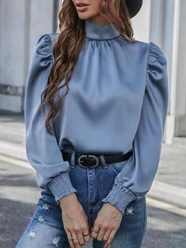 Loose Puff Sleeves Elasticity Hollow Pleated Split-Joint Stand Collar Blouses