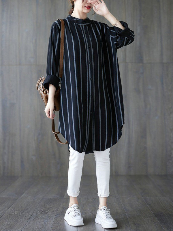 Long Sleeves Loose Buttoned Striped Blouses&Shirts Tops