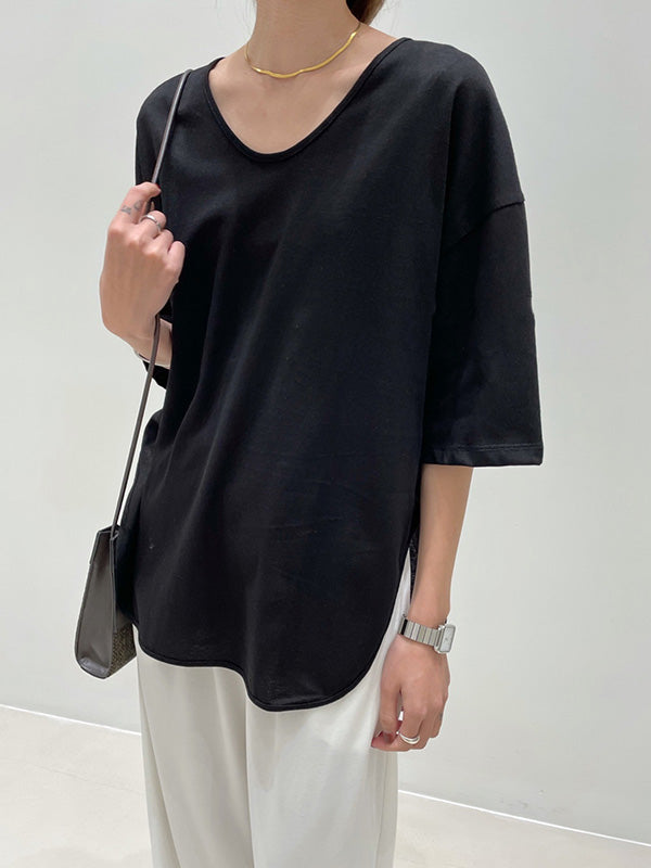 Casual Loose Split-Side Solid Color V-Neck T-Shirts Tops