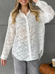 Long Sleeves Loose Jacquard See-Through Split-Joint Lapel Blouses&Shirts Tops