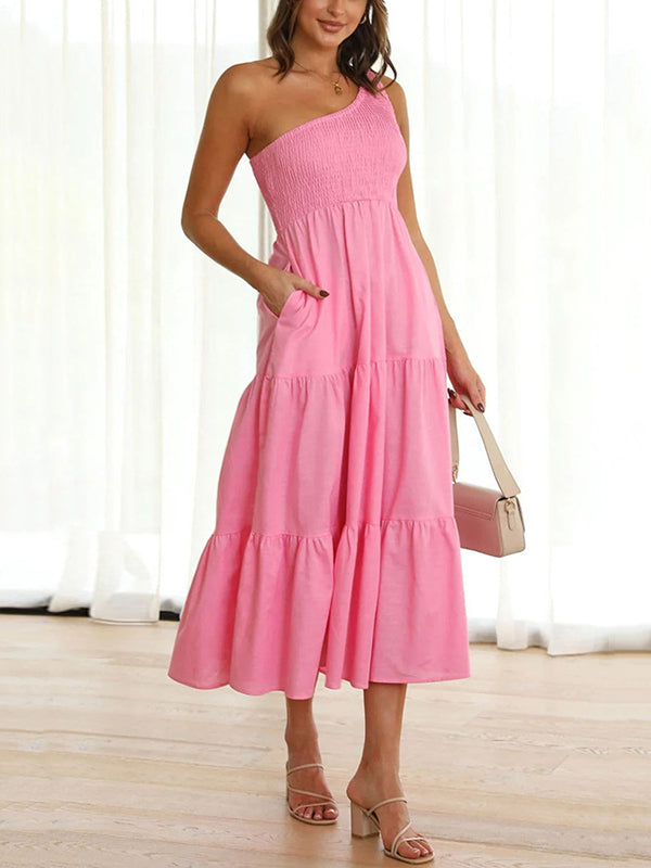 Loose Pleated Solid Color One-Shoulder Midi Dresses