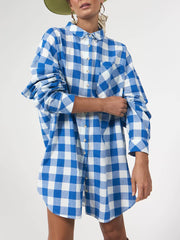 Fashionable Lapel Blue And White Plaid Loose Shirt Dress Long Shirt