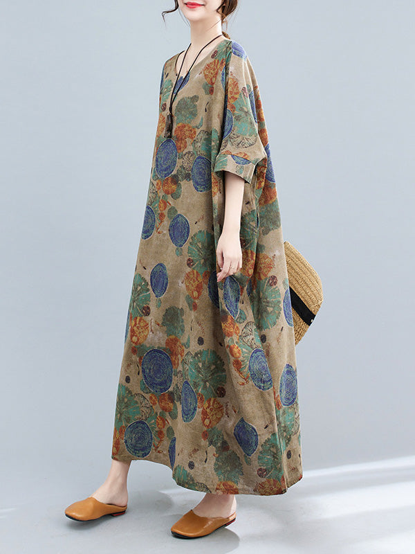 Casual Half Sleeves Loose Floral Printed Contrast Color Polka-Dot Round-Neck Midi Dresses