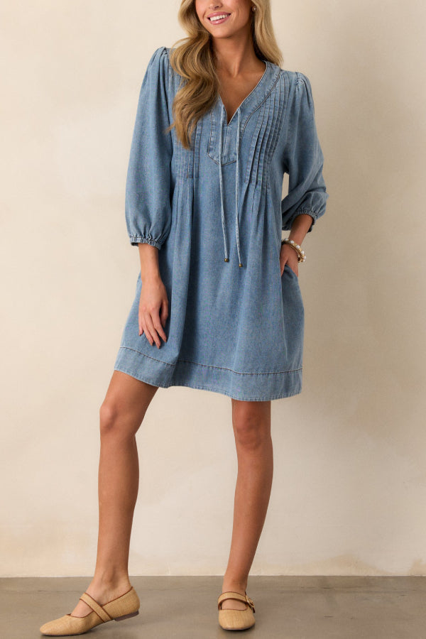 Fate Would Have It Denim Playful Pleats Pocket A-line Mini Dress