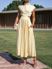 Cap Sleeve Belly-Hollow Pleated Solid Color Stand Collar Maxi Dresses