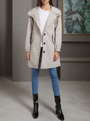 Long Sleeves Loose Buttoned Drawstring Elasticity Hooded Pockets Split-Back Waterproof High-Neck Trench Coats