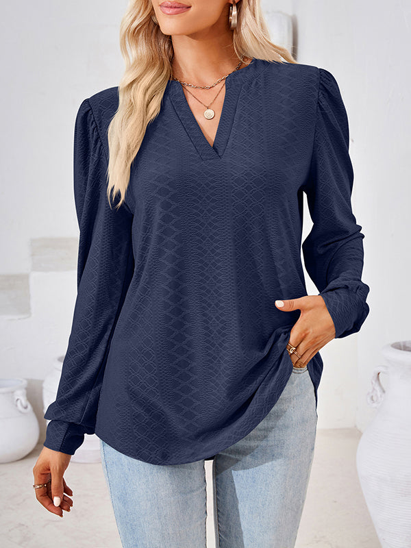 Long Sleeves Loose Jacquard Solid Color V-neck T-Shirts Tops