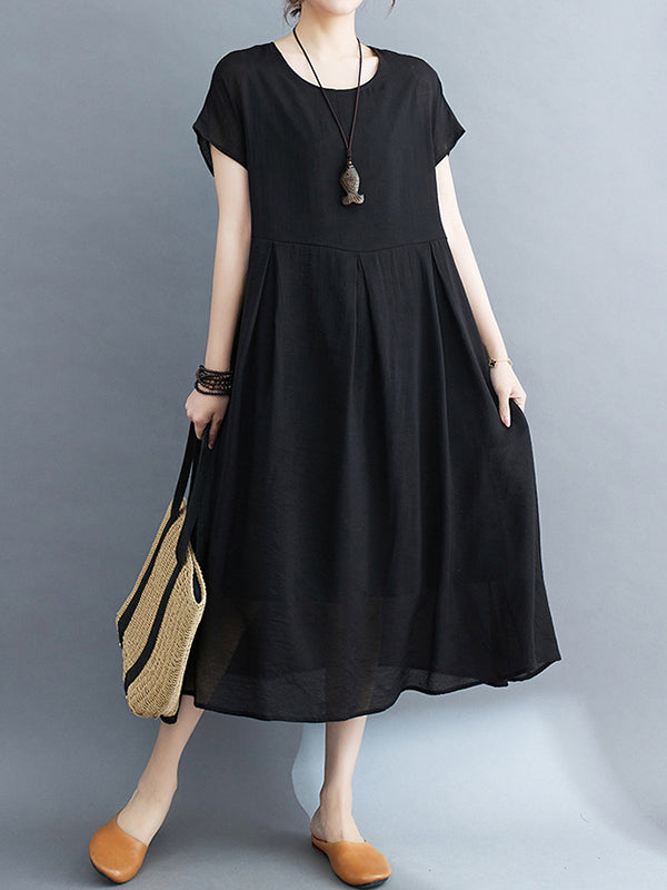 Loose Short Sleeves Solid Color Split-Joint Round-Neck Midi Dresses