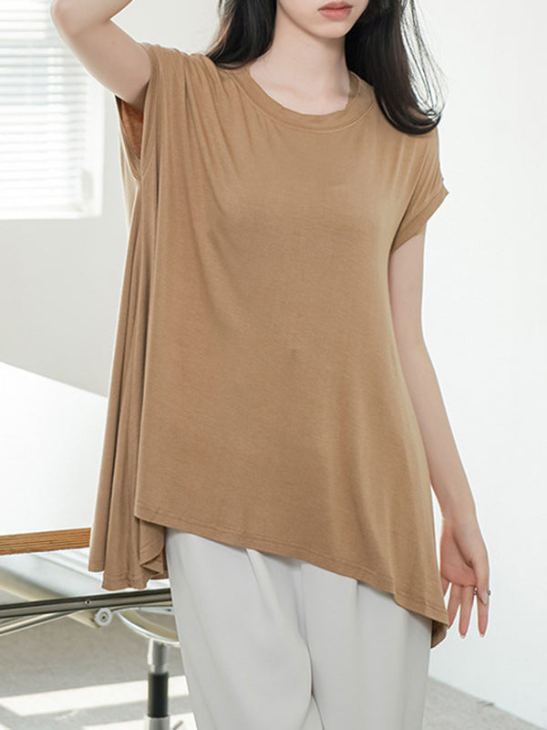 High-Low Loose Asymmetric Solid Color Round-Neck T-Shirts Tops