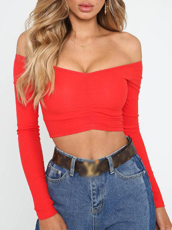 Long Sleeves Skinny Solid Color Off-The-Shoulder T-Shirts Tops