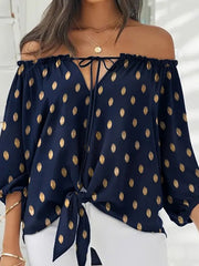 Simple Long Sleeves Loose Drawstring Printed Off-The-Shoulder Blouses&Shirts Tops