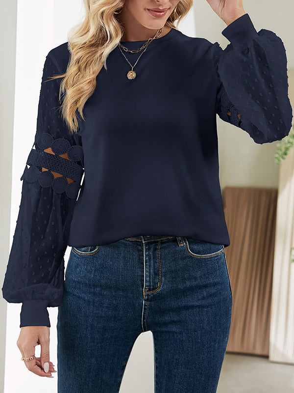 Long Sleeves Puff Sleeves Hollow Solid Color Split-Joint Round-Neck T-Shirts Tops