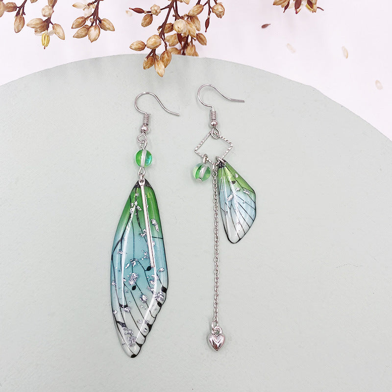 Butterfly Wing Green Gold Foil Cicada Wing Tassel Earrings