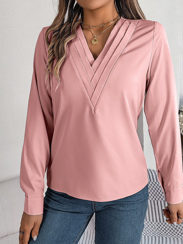 Long Sleeves Loose Pleated Solid Color Split-Joint V-Neck T-Shirts Tops