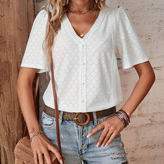 Short Sleeve V-Neck Lace Trim Blouse Top