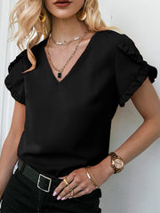 Loose Short Sleeves Ruffle Trim Solid Color Split-Joint V-Neck T-Shirts Tops