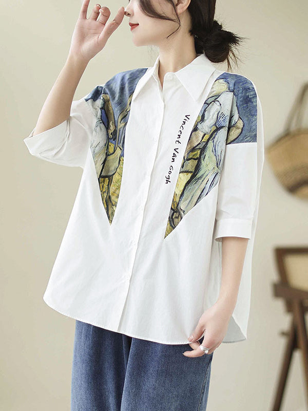 Half Sleeves Loose Printed Lapel Blouses&Shirts Tops