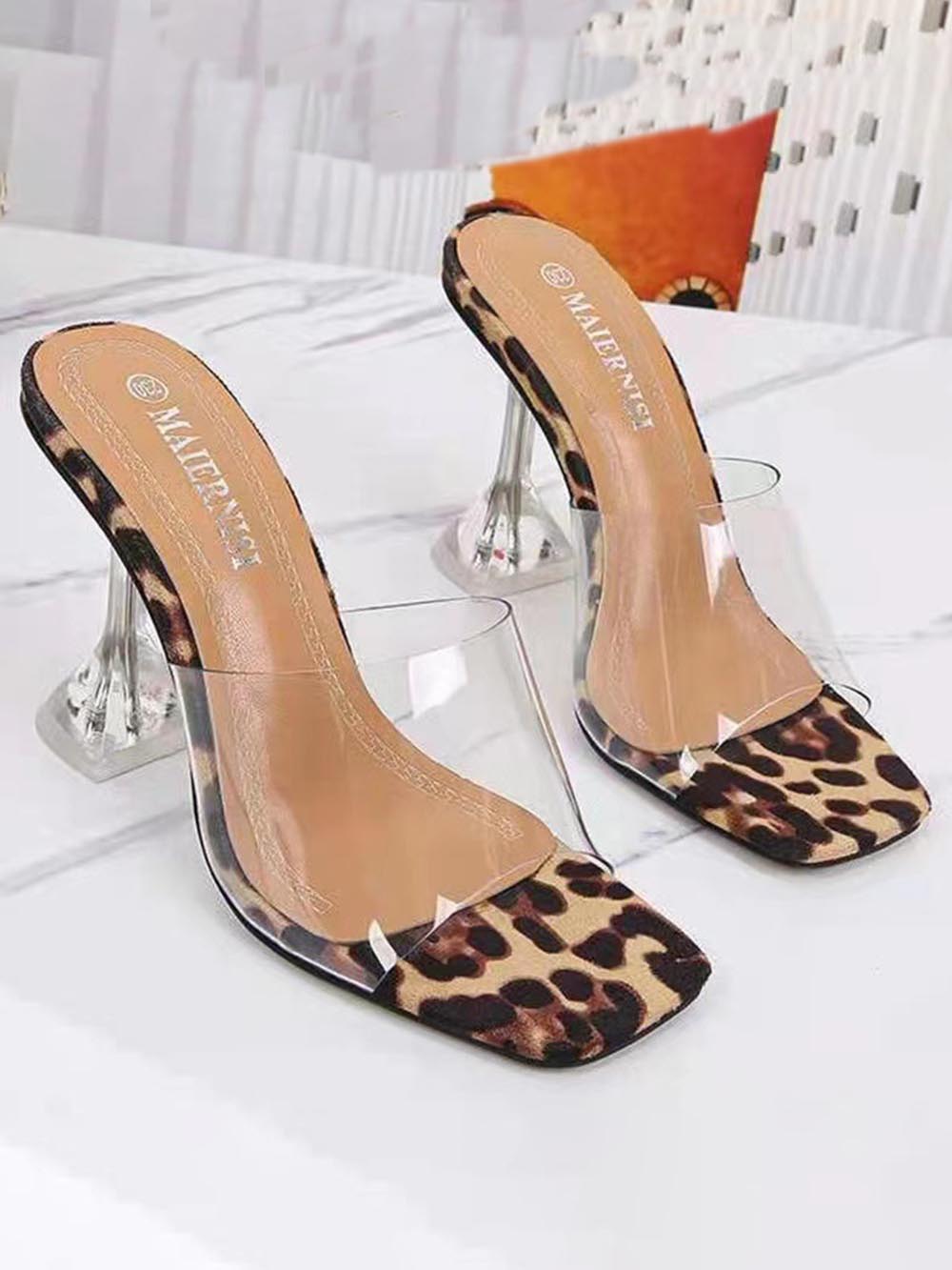 Crystal Heel Transparent Strap Leopard Print Sandals