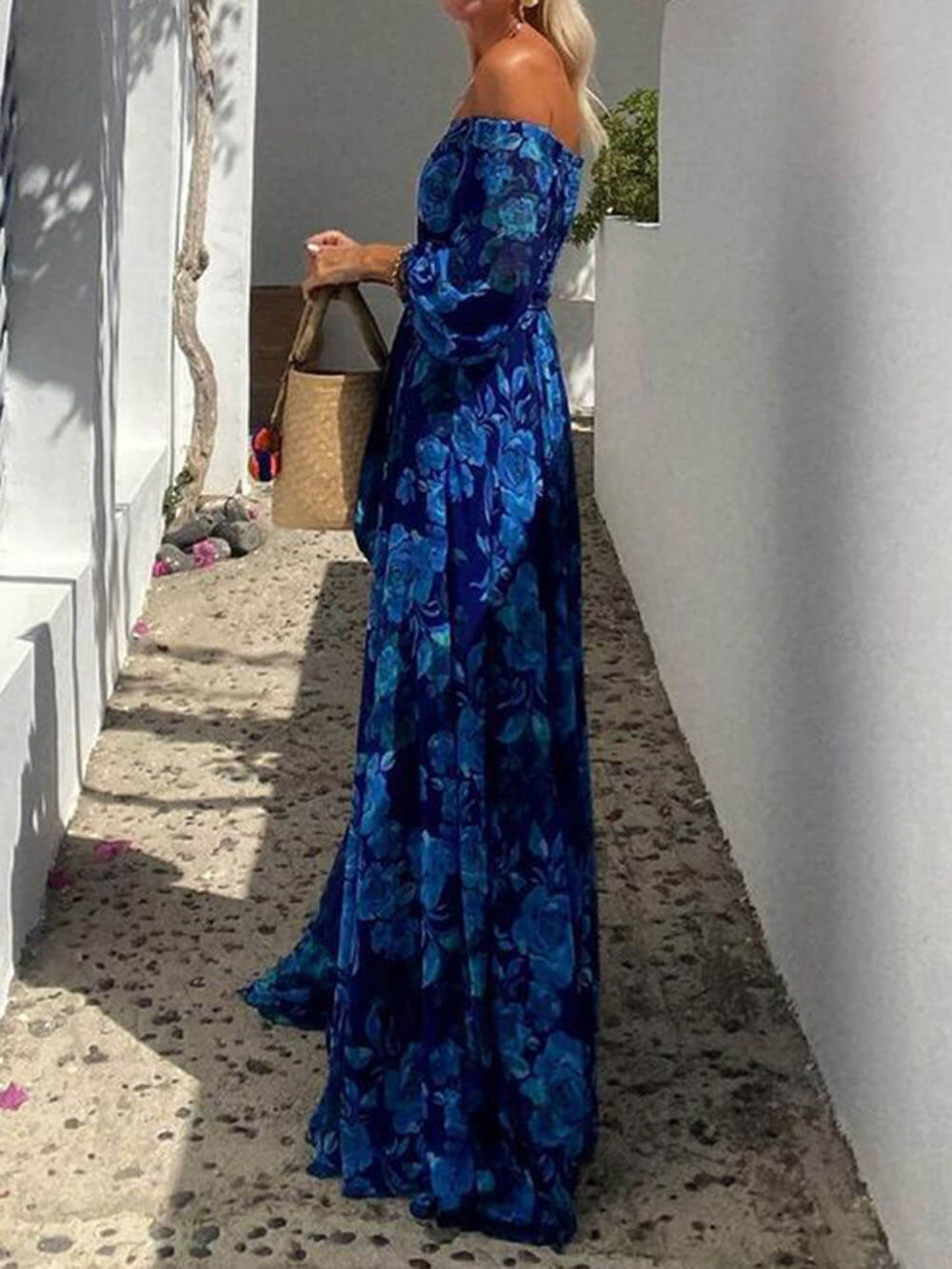 Marbella Blue - Floral Off Shoulder Smocked Maxi Dress