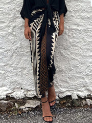 Astra Ethnic Print High Waist Ruched Wrap Maxi Skirt