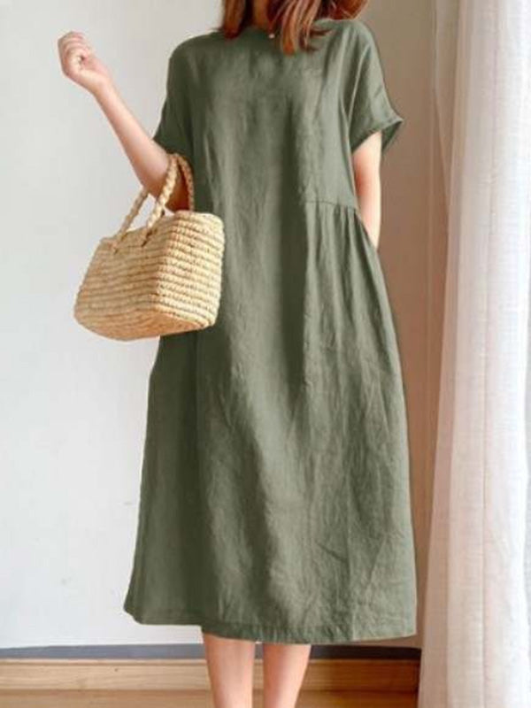 Casual Loose Solid Color Round-Neck Midi Dresses