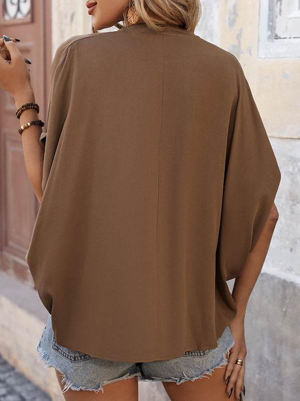 Batwing Sleeves Loose Solid Color Split-Joint V-Neck T-Shirts