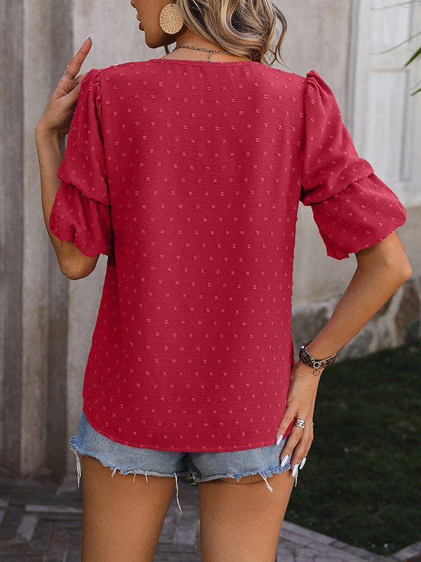 Puff Sleeves Wrap Jacquard Solid Color V-Neck T-Shirts Tops