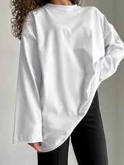 Long Sleeves Loose Solid Color Round-Neck T-Shirts Tops