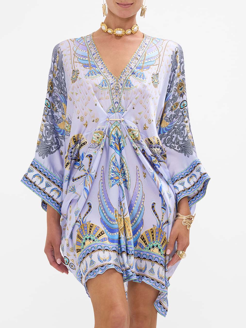 Unique Satin Ethnic Print V-Neck Dropped Shoulder Mini Dress