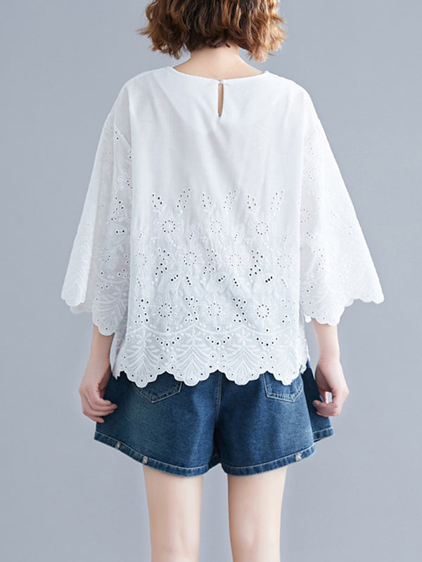 Loose Three-Quarter Sleeves Hollow Print Round-Neck Blouses&Shirts Tops