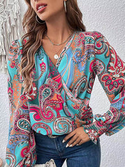 Long Sleeves Loose Elasticity Printed V-Neck Blouses&Shirts Tops