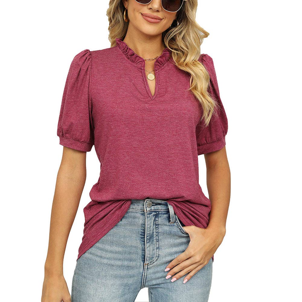 Puff Short Sleeve V-Neck T-Shirts Casual Tunic Top