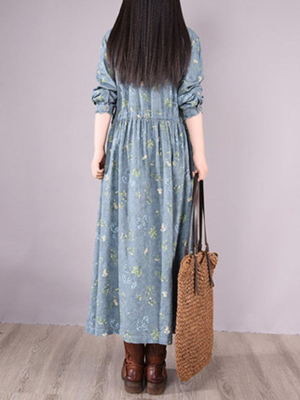 Vintage Floral Printed Ramie Cotton Loose Midi Dress