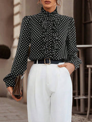 Loose Puff Sleeves Floral Pleated Polka-Dot Split-Joint Stand Collar Blouses