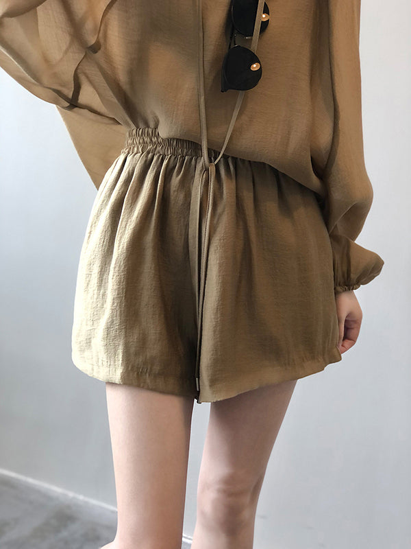 Loose Solid Color Split-Joint Sun Protection Tied V-Neck Long Sleeves Top + Shorts Two Pieces Set