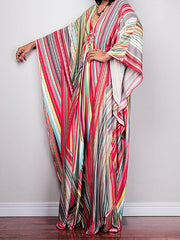 Batwing Sleeves Loose Printed Split-Joint Striped V-Neck Maxi Dresses