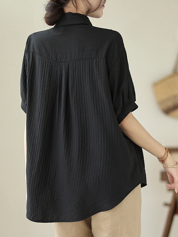 Half Sleeves Loose Pleated Solid Color Split-Joint Lapel Blouses&Shirts Tops