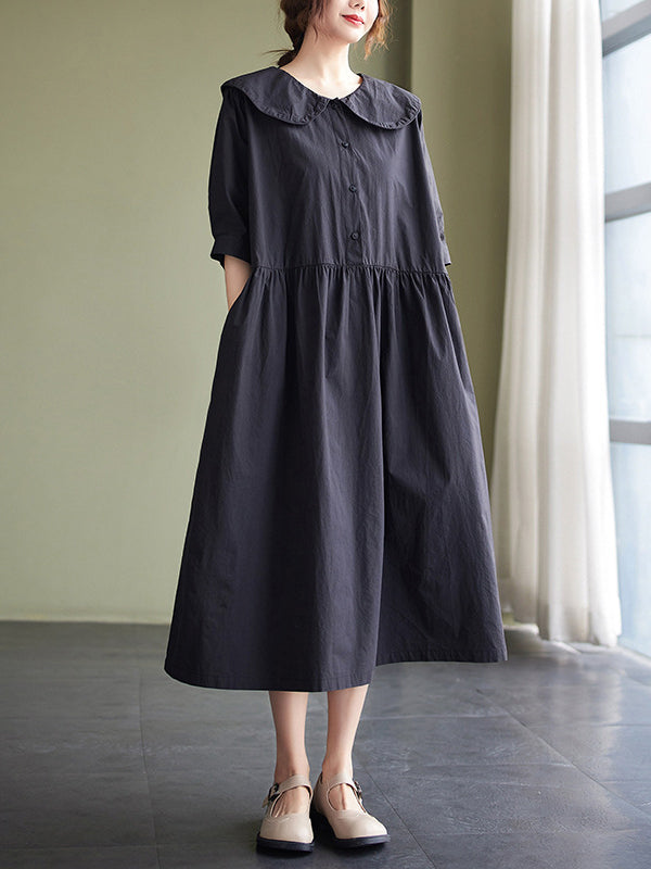 Original Loose Solid Color Buttoned Pleated Midi Dress