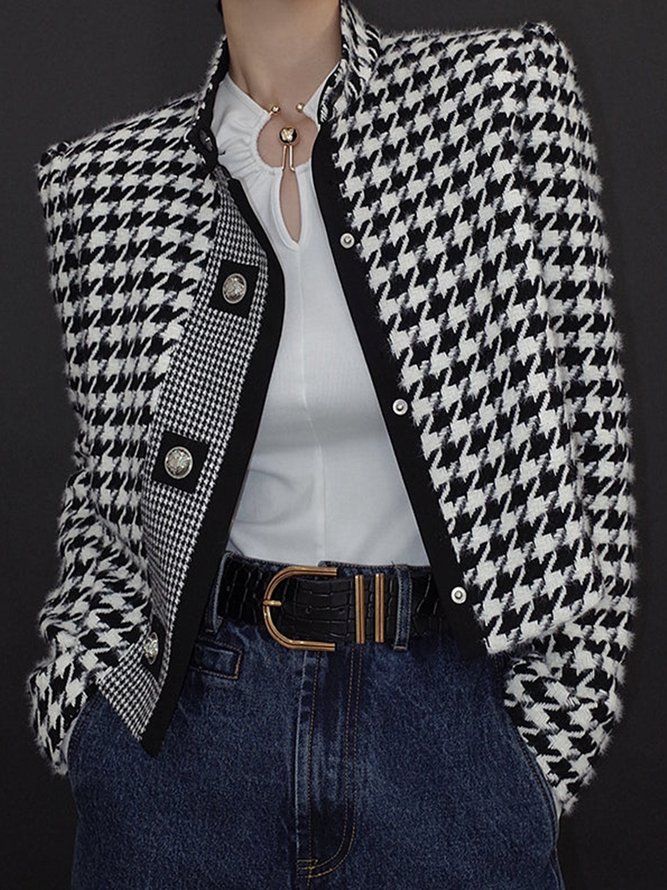 Stylish Long Sleeves Loose Houndstooth Stand Collar Jackets