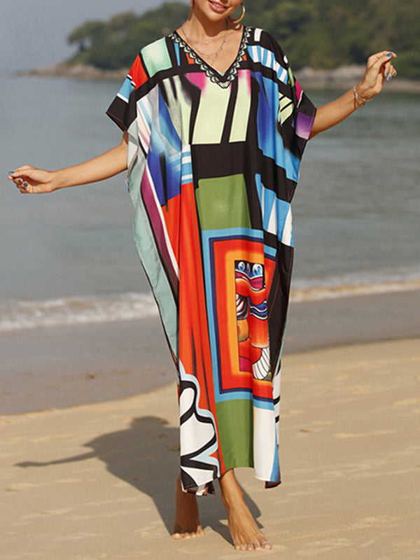 Batwing Sleeves Loose Printed Split-Joint Split-Side V-Neck Maxi Dresses