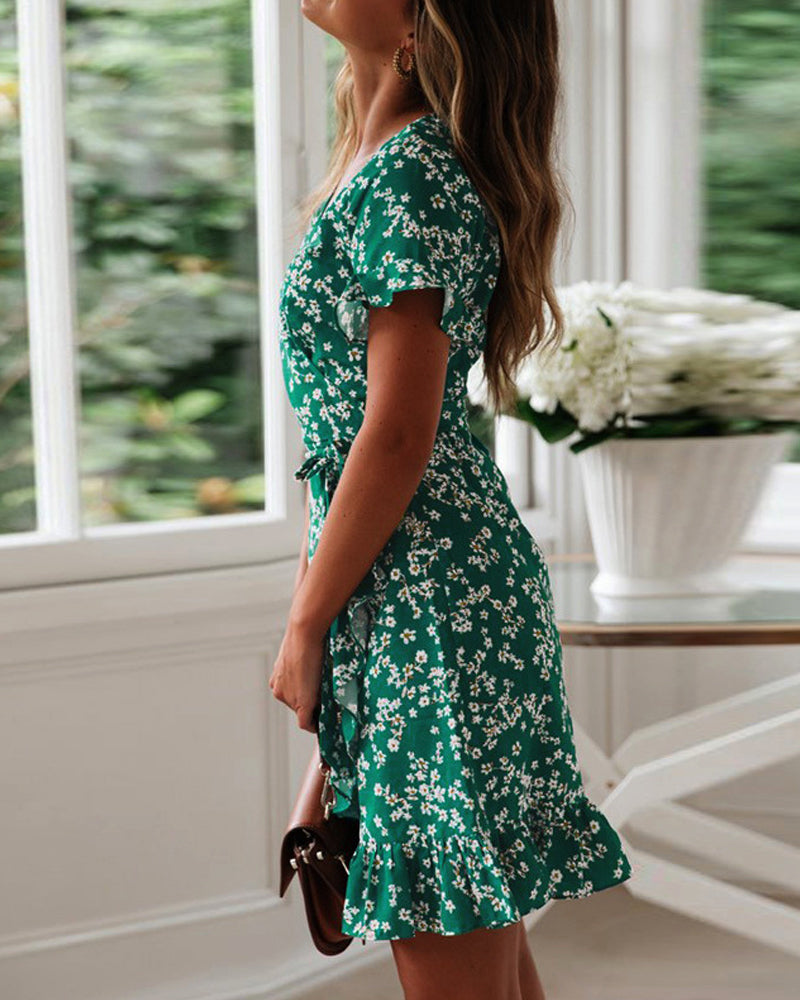 Emerald-Bloom Wrap Dress