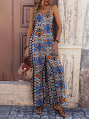 Ethnic Suspender Print Wide-Leg Jumpsuit