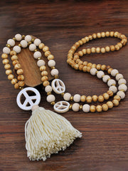 Handmade Wooden Beads Tassel and Peace Charm Pendant Long Necklace