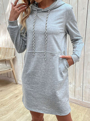 A-line Long Sleeves Drawstring Pockets Hooded Hoodies Tops Mini Dresses