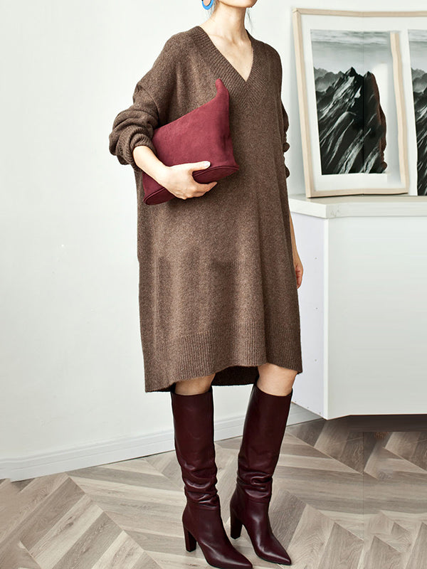 Stylish Long Sleeves Loose Solid Color V-Neck Sweater Dresses