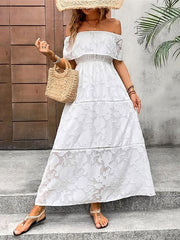 A-line Loose Elasticity Flower Print See-Through Solid Color Split-Joint Off-the-shoulder Midi Dresses